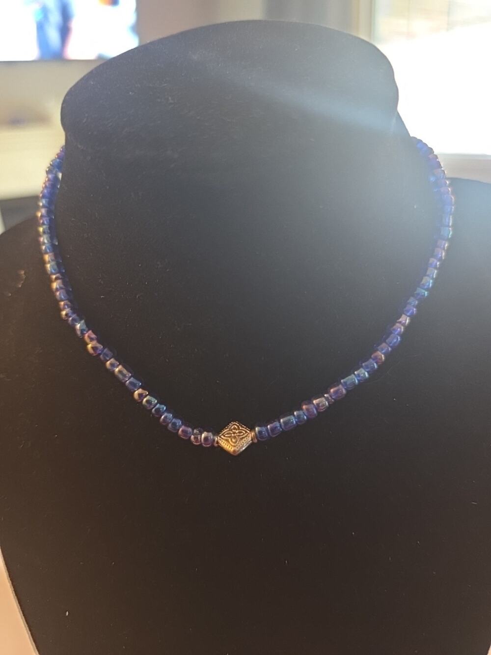 Vintage Blue Beaded Necklace with Silver Accent Bead